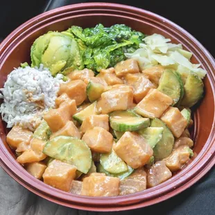 Monster Bowl (Crab Meat, Avocado, Seaweed Salad, Ginger, Cucumbers, Salmon x5, Medium Spicy).