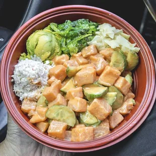 Monster Bowl (Crab Meat, Avocado, Seaweed Salad, Ginger, Cucumbers, Salmon x5, Medium Spicy).