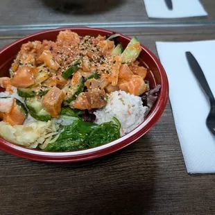 Monster bowl w/ double shrimp, salmon, spicy tuna and albacore.