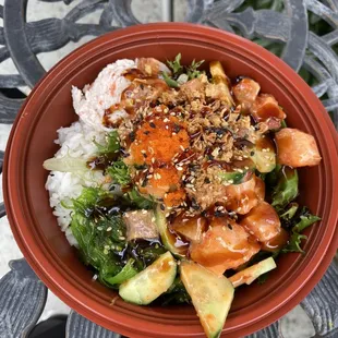 Salmon &amp; albacore poke with half white rice &amp; half salad
