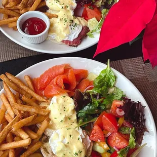 Pastrami Eggs Benedict, 3 eggs fries and salad Salmon Eggs Benedict - 3 eggs, fries and salad So worth it for the price!