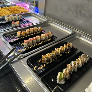 Sushi at the buffet bar- nothing is chilling it... makes me worried
