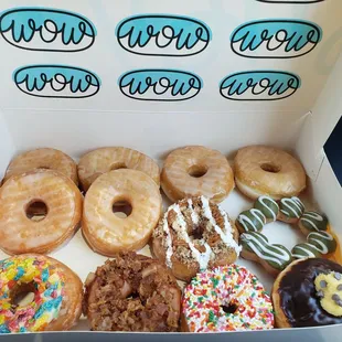 Chocolate Bavarian, Fruity Pebbles, Salted Caramel Coffee Cream, Matcha w/ Cream Cheese Mochi, Plain Glazed, Vanilla Sprinkles, Maple Bacon