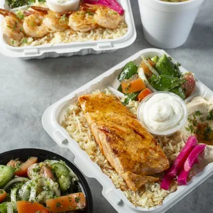 Shrimp Kabab, Grilled salmon, salad and lentil soup