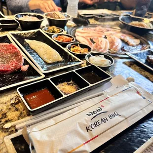 a variety of food items on a table