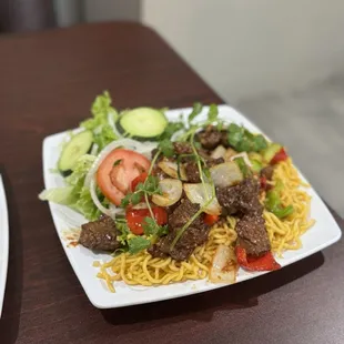 Shaken beef with garlic noodles
