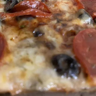 a slice of pizza with pepperoni and olives