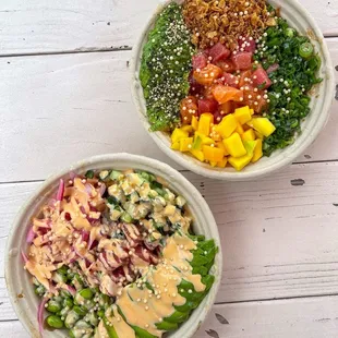 Ponzu truffle tuna bowl (bottom), mix love bowl (top)