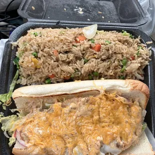 Grilled catfish sandwich with everything and a side of vegetable fried rice was really good.