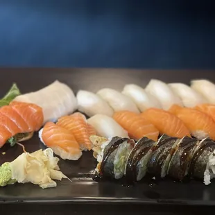 Salmon and tuna sushi/nigiri with a spider roll