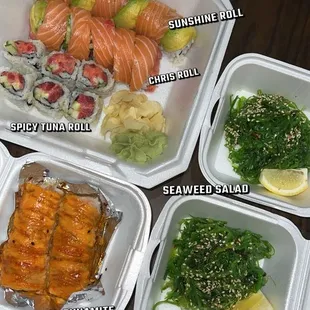 Sunshine Roll, Chris Roll, Spicy Tuna Roll, Special Dynamite Roll, Seaweed Salad