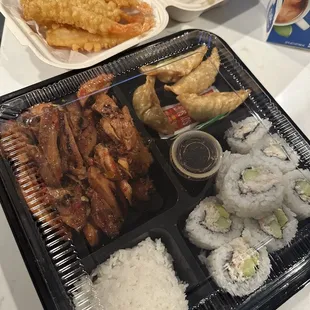 Take out spicy chicken bento and shrimp tempura. Generous portions!