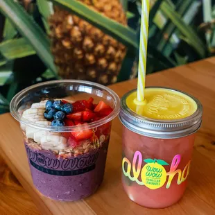 Original Acai bowl and a watermelon basil lemonade in a mason jar.
