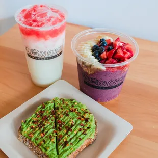 a plate of food and a smoothie