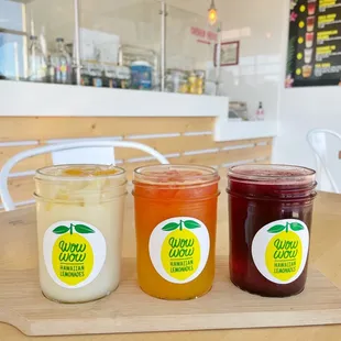 Lemonade flight: mango colada, passion strawberry, blueberry lemonade
