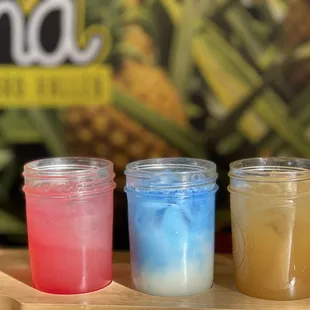 Prickly pear, blue Hawaii, PLG lemonade flight