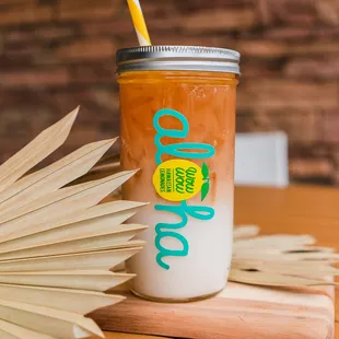 a drink in a mason jar