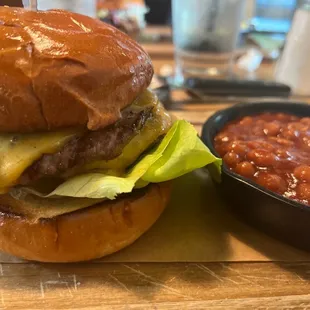Double cheeseburger and beans