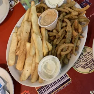 Steak fries and Texas strips( jalapeños fried)