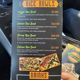 a menu for rice bowls