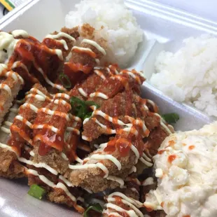 Dynamite katsu. Basically chicken katsu with a sriracha wasabi aioli. Good katsu crunch. Mac salad was a mix of mashed potatoes and macaroni