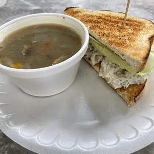 Today's special: mushroom soup &amp; chicken salad sandwich