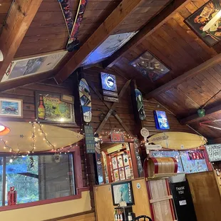 a surfboard hanging from the ceiling