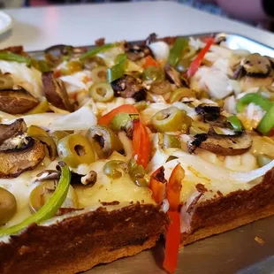 Veggie Lover&apos;s pizza ($20+$3 for vegan cheese). Delicious. Excellent crust. Made with Glenview Farms vegan cheese. Great texture &amp; flavor.