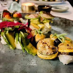 Plant based nigiri !! Grilled zucchini, avocado, watermelon, apple &amp; jalapeño, cucumber, etc. Sexy vegetables and fruits