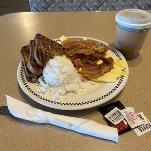 2 Eggs scrambled, bacon, wheat toast and a scoop of rice (option #1) $9.25 and a coffee ($2.50) 08/08/2022