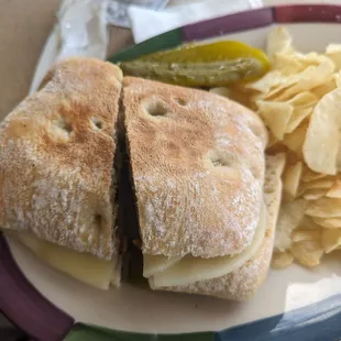 Italian Chicken Panini with chips and extra pickles