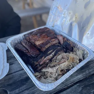 Ribs, sausage, brisket, pulled pork, and burnt bacon ends
