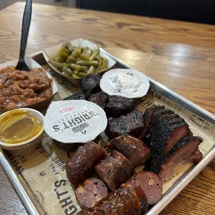 Jalapeno Cheddar Sausage Link. Baked Smoked Beans and Honey Butter Green Beans for the sides.  Two Meat Plate