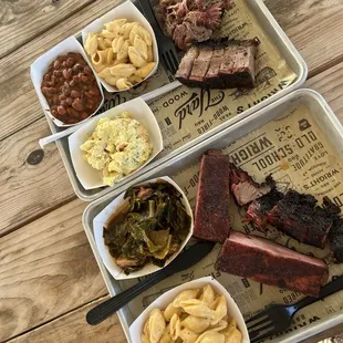 2 Meat Plate Brisket Burnt Ends, Ribs, Mac &amp; Cheese &amp; Greens Brisket Burnt Ends, Pulled Pork, Mac &amp; Cheese, Egg Pot Sal Baked Beans.