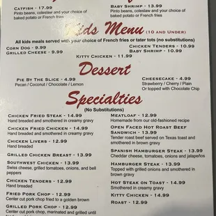 Fish and Seafood/Kids/Desert/Dinner Specials Menu 04/04/2024
