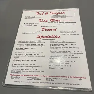 Fish and Seafood, Kids Menu, Desserts, Specialities