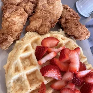 Chicken and waffles ( added strawberries on top)