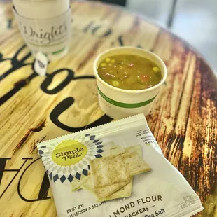 Organic Kombucha Green tea, Vegetable lentil soup &amp; Almond Flour chips, they come with the soups here. Excellent :)..