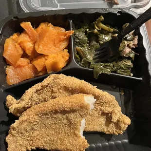 Catfish dinner (with Candied Yams &amp; Collard Greens - thank GOD HE gave me amazing teeth almost chipped it on that bone, SMH)