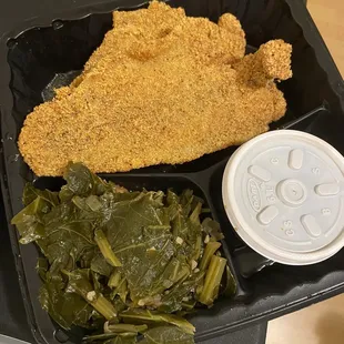 Catfish, collard greens, BBQ Beans