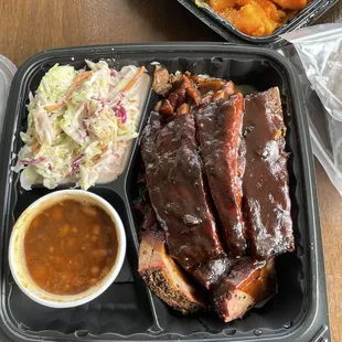 3 meats, spare ribs, brisket, rib tips, bbq beans, coleslaw