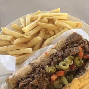 a plate of fries and a sandwich
