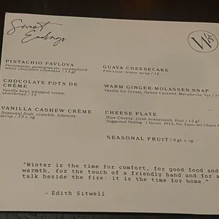 Dessert menu