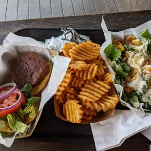 Beyond burger, waffle fries, Caesar salad