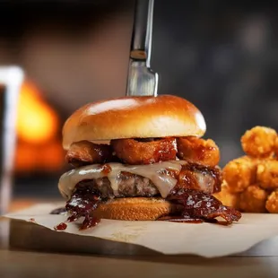 a pulled pork sandwich with barbecue sauce and onion rings