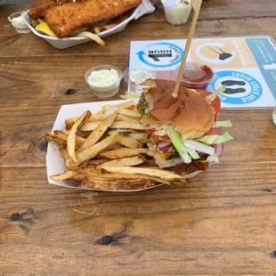 Burger and fries, 2 piece cod and chips