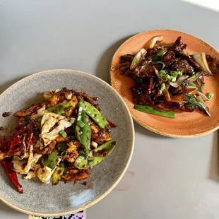 Chengdu chili chicken and scallion hugging beef