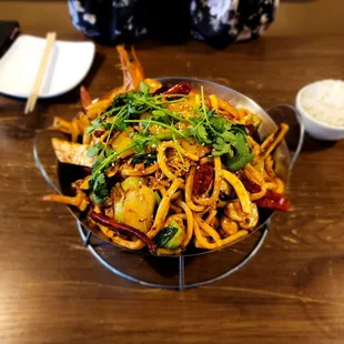 Drypot- squid, shrimp, rice cakes, bok choy, sliced fish, mushrooms