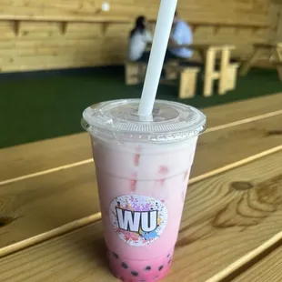 Strawberry Thai milk tea with boba