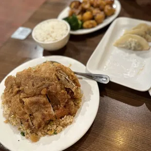 Fried thigh fried rice, potstickers (what&apos;s left) orange chicken w broccoli